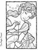 A black and white illustration from The Journey Coloring Book by Schiffer Publishing, Ltd. shows a woman with flowing hair holding a thread attached to a heart, stars decorating her hair, with "The Fragile Thread" on the left side.
