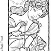 A black and white illustration from The Journey Coloring Book by Schiffer Publishing, Ltd. shows a woman with flowing hair holding a thread attached to a heart, stars decorating her hair, with "The Fragile Thread" on the left side.