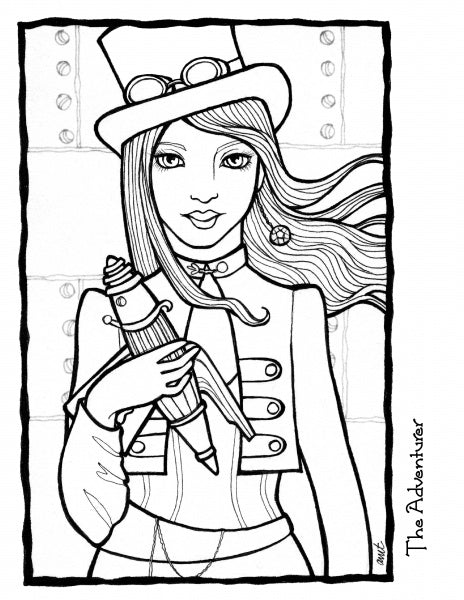 A woman in steampunk style—top hat, goggles, long coat—confidently wields a ray gun, her hair flowing to the side. Perfect inspiration for Schiffer Publishing, Ltd.'s women coloring book: The Journey Coloring Book.