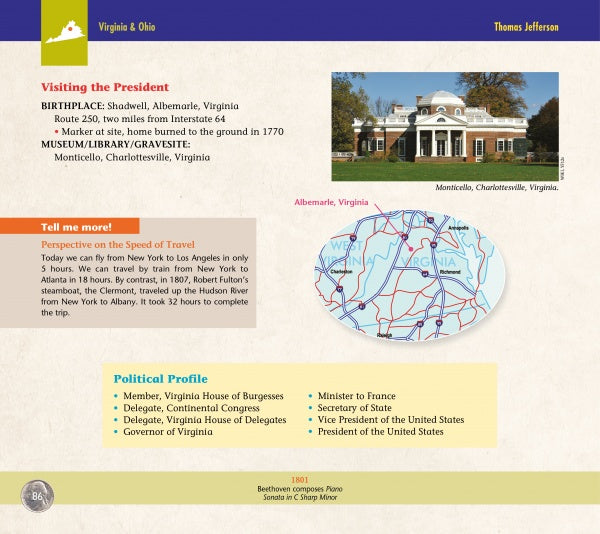 Meet the Presidents by Schiffer Publishing, Ltd. is an infographic on Thomas Jefferson, with a Monticello photo, Virginia and Ohio maps, and sections on his birthplace, travels, and political profile—a great U.S. history guide!.
