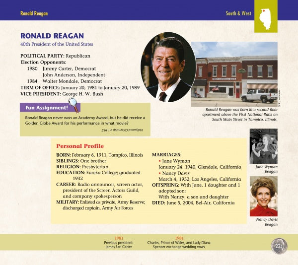 The "Meet the Presidents" infographic by Schiffer Publishing, Ltd. highlights Ronald Reagan’s portrait, career, personal facts, marriage history, plus photos of Jane Wyman, Nancy Davis, and Tampico, Illinois.