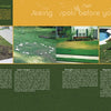 A magazine page with a yellow-green header reads "Seeing spots before your eyes?" and features four lawn photos. Captions cite causes like insects, fungus, drought, and using Petscaping by Schiffer Publishing, Ltd. to create a pet-friendly landscape.