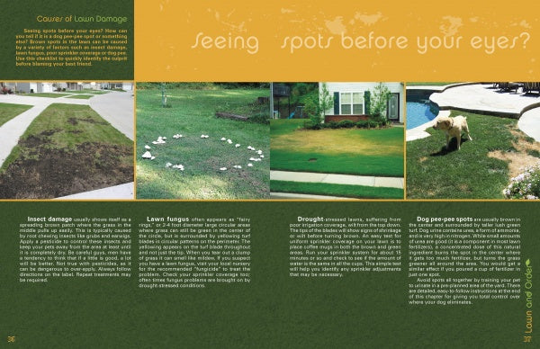 A magazine page with a yellow-green header reads "Seeing spots before your eyes?" and features four lawn photos. Captions cite causes like insects, fungus, drought, and using Petscaping by Schiffer Publishing, Ltd. to create a pet-friendly landscape.