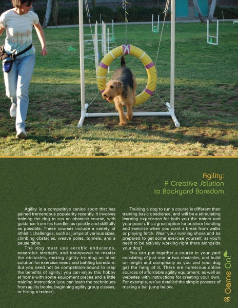 A woman guides her dog through an agility hoop in a grassy, pet-friendly yard, demonstrating ideas from "Petscaping" by Schiffer Publishing, Ltd.—a resource for creating engaging outdoor environments for pets.