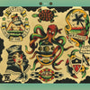 Classic Flash 2 by Schiffer Publishing, Ltd. showcases a vintage tattoo flash sheet with King Neptune, a turtle, pirate octopus, sailor woman, tropical scene, shield, and ribbon in traditional tattoo style.