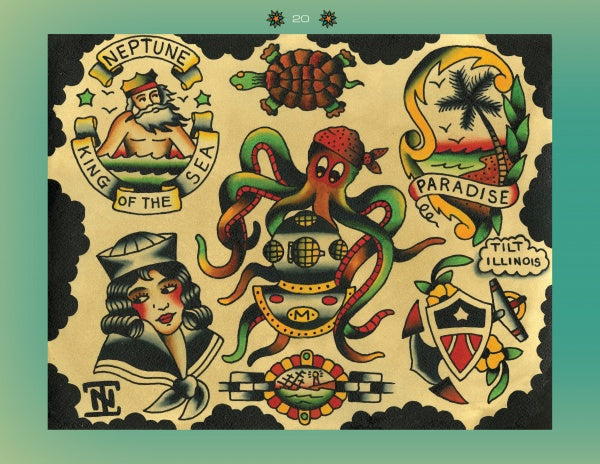 Classic Flash 2 by Schiffer Publishing, Ltd. showcases a vintage tattoo flash sheet with King Neptune, a turtle, pirate octopus, sailor woman, tropical scene, shield, and ribbon in traditional tattoo style.