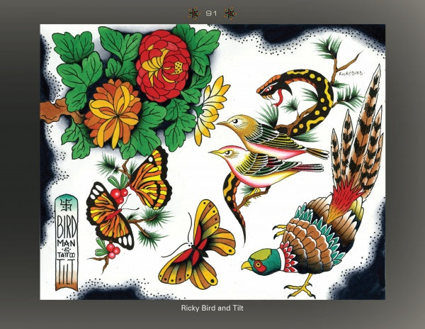 Classic Flash 2" by Schiffer Publishing, Ltd. showcases a vibrant tattoo-style design with colorful birds, butterflies, a snake, and a pheasant among red and yellow flowers with green leaves, all set on a white background.