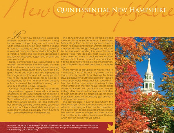 A vibrant autumn scene titled "New Hampshire" from Schiffer Publishing, Ltd. features orange and red foliage with a white church steeple under a blue sky, celebrating New Hampshire heritage on a warm orange and yellow background.