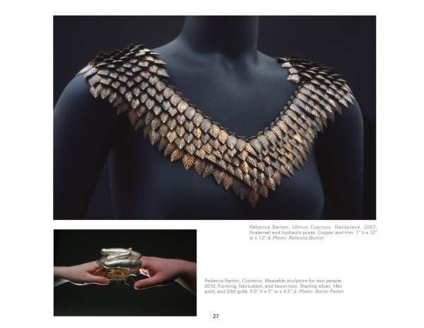 A close-up shows a sculptural necklace with copper and iron scales in a V shape; an inset depicts hands holding similar wearable art. Featured in "Art Jewelry Today 3" by Schiffer Publishing, Ltd.