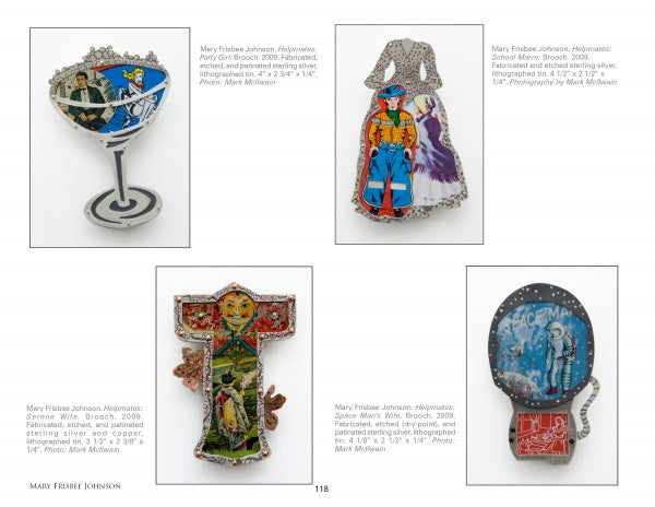 “Art Jewelry Today 3” by Schiffer Publishing, Ltd. features playful, comic-style brooches—martini glass, dress, T-shape, and snow globe—each wearable artwork adorned with colorful mixed-media details.