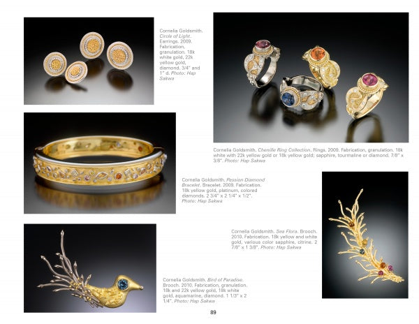 A page from Schiffer Publishing, Ltd.’s *Art Jewelry Today 3* showcases six intricate gold pieces—earrings, rings, a bangle, brooch, and bird-shaped pin—each adorned with diamonds, sapphires, rubies, and tourmalines.