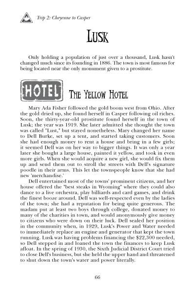 Page 66 of "Haunted Wyoming" by Schiffer Publishing, Ltd. features Lusk's history and the Yellow Hotel, sharing tales of local hauntings, notable residents, and lore, with a decorative banner for the Yellow Hotel.