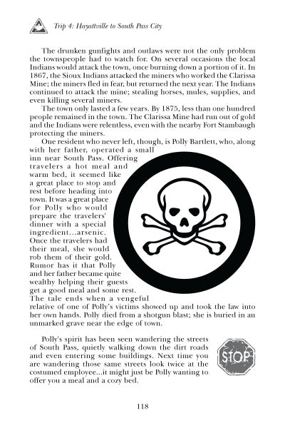A page from "Haunted Wyoming" by Schiffer Publishing, Ltd. shows two black-and-white illustrations—a skull and crossbones, and a stop sign—alongside tales of gunfights, outlaws, mining, and hauntings from Haystlville to South Pass City. Page 118.
