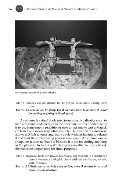 A photo displays ritual and serpent-shaped athames. Below, "Wicca: What's the Real Deal?" by Schiffer Publishing, Ltd. presents myths and facts on witches' symbolic, not literal, use of athames in Witchcraft.