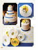 The Art of the Wedding Cake by Schiffer Publishing, Ltd. features a three-tier white cake with yellow and white paper-like flowers and yellow dots, creatively displayed from various angles on a blue base.