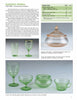 A catalog page from Mauzy's Depression Glass by Schiffer Publishing, Ltd., showcasing collectible spiral-patterned pieces like green and pink goblets, sherbets, and a lidded candy dish with images, descriptions, and measurements.