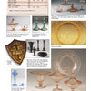 A catalog page highlights Mauzy's Depression Glass from Schiffer Publishing, Ltd., featuring pink, green, and amber bowls, candlesticks, plates, and cologne bottles with descriptions and a close-up of its detailed vintage pattern.