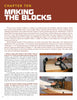A page from "Make Your Own Building Blocks and Build A City" by Schiffer Publishing, Ltd. features block instructions, a table saw, a man measuring wood, and labeled images detailing board prep steps for stacking toy blocks.
