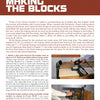 A page from "Make Your Own Building Blocks and Build A City" by Schiffer Publishing, Ltd. features block instructions, a table saw, a man measuring wood, and labeled images detailing board prep steps for stacking toy blocks.