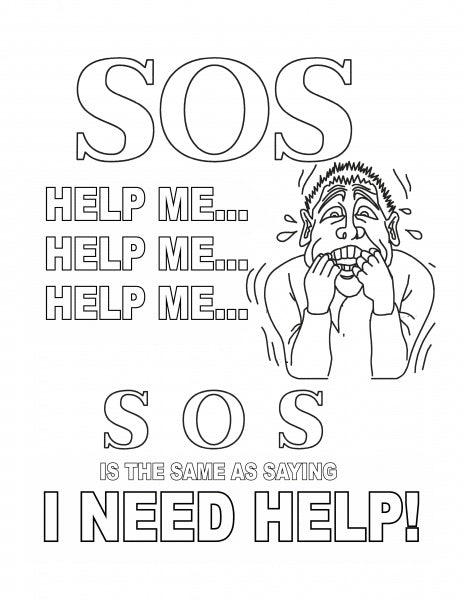 Black and white drawing with large SOS letters, a worried person, and "Help me..." phrases—ideal for Schiffer Publishing, Ltd.'s ABC's of Boating Terms, a fun educational coloring book teaching kids boating safety signals.