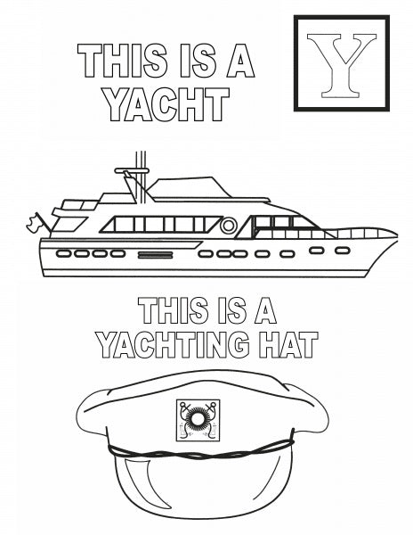 Black and white drawing from "ABC's of Boating Terms" by Schiffer Publishing, Ltd. shows a yacht above a yachting hat—ideal for boating coloring books. Includes labels and a large Y in the top right corner.