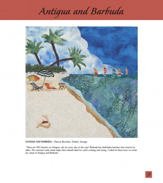 A poster of "Trip Around the World," an art piece published by Schiffer Publishing, Ltd., featuring international quilt art inspired by the Georgia Quilt Project and Olympic quilt blocks.