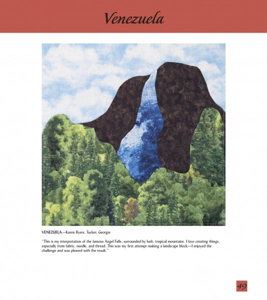 Trip Around the World by Schiffer Publishing, Ltd. is a fabric collage inspired by international quilt art, depicting Angel Falls with vibrant blues and greens, set against a cloudy sky and framed with “Venezuela” at the top.