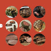 A grid of nine circular steak photos pops against a red background, highlighting grilled and sliced meats—an ideal image for fans of BBQ and the "Pure BBQ!" cookbook by Schiffer Publishing, Ltd.