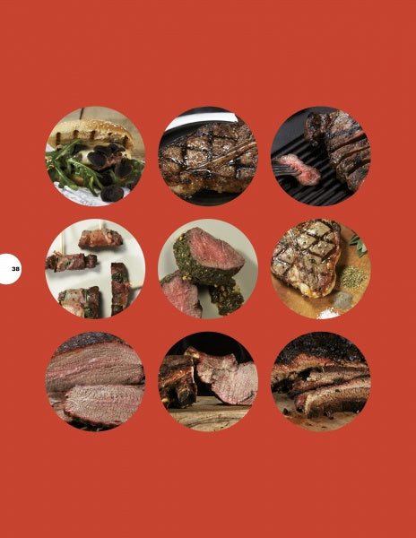 A grid of nine circular steak photos pops against a red background, highlighting grilled and sliced meats—an ideal image for fans of BBQ and the "Pure BBQ!" cookbook by Schiffer Publishing, Ltd.