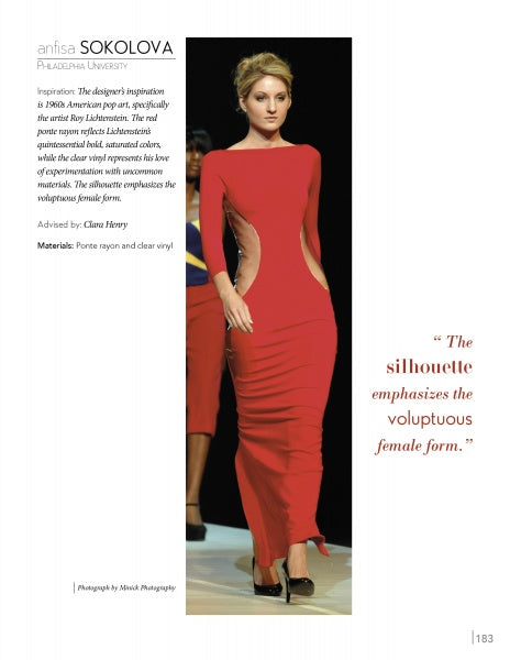 A model wears a fitted, floor-length red dress with nude waist cutouts—one of the innovative garments in *Emerging Fashion Designers 3* by Schiffer Publishing, Ltd., with another model and design inspiration text in the background.