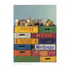 A stack of vibrant wooden crates, inspired by Robert C. Jackson Paintings from Schiffer Publishing, Ltd., is topped with ice cream cones, pastries, drinks, and snacks, all set against a light blue background.