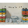 Inspired by Robert C. Jackson Paintings from Schiffer Publishing, Ltd., this scene features stacked colorful crates, Oreo cookies on strings, floating cookies in a metal tub, blue bottle caps, and empty milk jugs on white tiles.