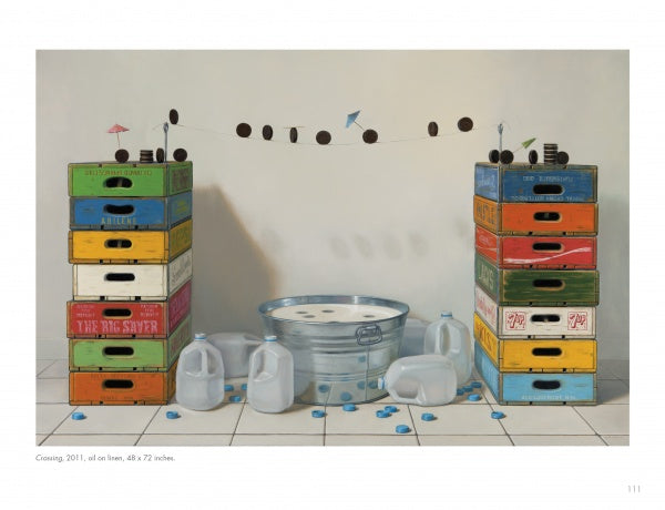 Inspired by Robert C. Jackson Paintings from Schiffer Publishing, Ltd., this scene features stacked colorful crates, Oreo cookies on strings, floating cookies in a metal tub, blue bottle caps, and empty milk jugs on white tiles.