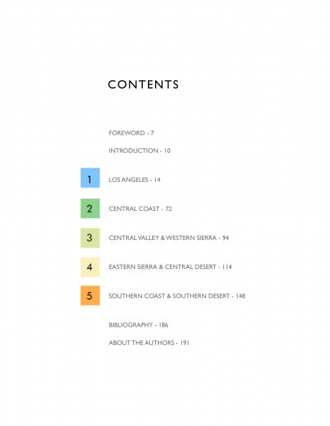 The table of contents in "Southern California Out & About" by Schiffer Publishing, Ltd. uses colorful numbered boxes for each section: Los Angeles, Central Coast, High Sierras & Central Valley, Eastern Sierra & Central Desert, Southern Coast & SoCal, and more.