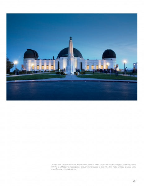Griffith Observatory at dusk glows against a blue sky, with its monument and lawn in front. Visitors gather near the domes, enjoying this Southern California icon featured in Schiffer Publishing, Ltd.'s "Southern California Out & About.