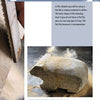 A close-up shows a hand using carving techniques on a bear figure from Schiffer Publishing's "Carving a Bear in Soapstone." Wood shavings and dust are visible, with the partially carved bear resting on the surface below.