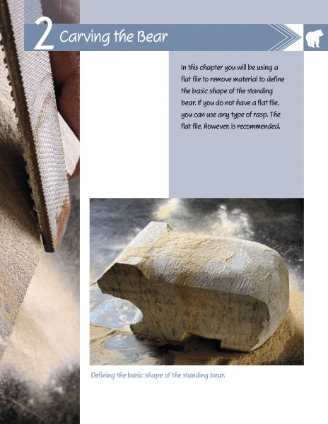 A close-up shows a hand using carving techniques on a bear figure from Schiffer Publishing's "Carving a Bear in Soapstone." Wood shavings and dust are visible, with the partially carved bear resting on the surface below.