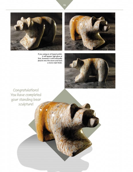 “Carving a Bear in Soapstone” by Schiffer Publishing, Ltd. is showcased from various angles, displaying its glossy marbled brown and cream finish. A congratulatory message celebrates your finished carving with a helpful soapstone finishing tip.