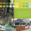 A collage for "Beach Boundaries" by Schiffer Publishing, Ltd. features colorful swatches, text on SoCal beach outdoor design, and two photos: gardens with white picket fences and homes with lush landscaping and outdoor seating.