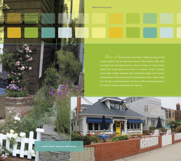 A collage for "Beach Boundaries" by Schiffer Publishing, Ltd. features colorful swatches, text on SoCal beach outdoor design, and two photos: gardens with white picket fences and homes with lush landscaping and outdoor seating.