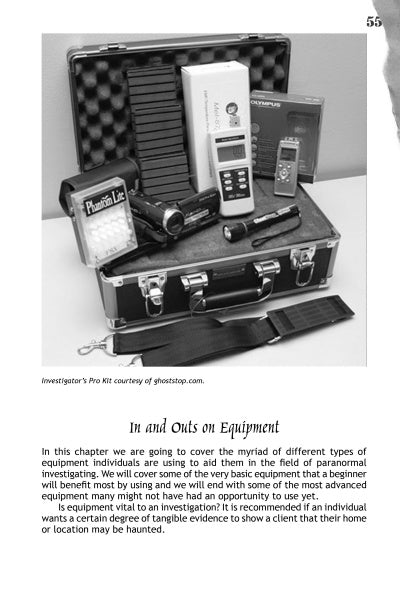 Paranormal Unwrapped by Schiffer Publishing, Ltd. is a black case with foam compartments containing ghost hunting tools—EMF meter, flashlight, digital recorder, thermometer, and manuals—perfect for paranormal investigators and neatly organized for use.