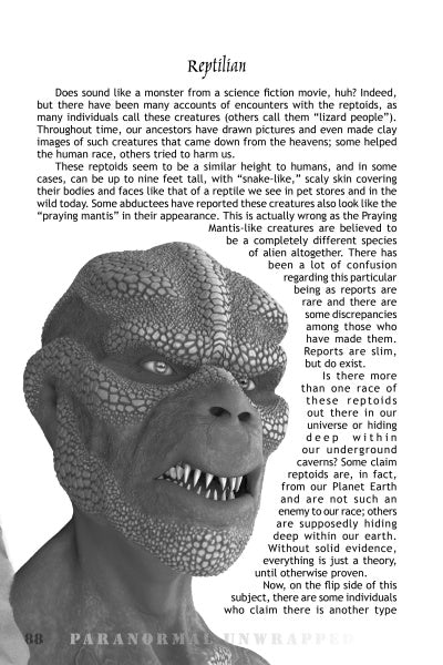 A magazine page from Paranormal Unwrapped by Schiffer Publishing, Ltd. features text on reptilian creatures and a grayscale illustration of a humanoid with scaled, reptile-like skin—ideal for paranormal enthusiasts or those interested in demonology.