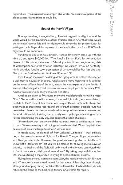 A page from "17 Women Who Shook the World" by Schiffer Publishing, Ltd. explores Amelia Earhart’s round-the-world flight plans at 40, her Purdue work, and the iconic Lockheed Electra 10E that marked her historic journey.