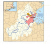 A map from *The Charles River* by Schiffer Publishing, Ltd. highlights Boston and Cambridge by the Charles and Mystic Rivers, with labeled blue water bodies, Boston Harbor to the east, and an inset showing the city’s spot in Massachusetts.