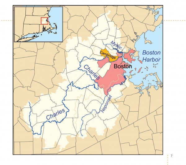 A map from *The Charles River* by Schiffer Publishing, Ltd. highlights Boston and Cambridge by the Charles and Mystic Rivers, with labeled blue water bodies, Boston Harbor to the east, and an inset showing the city’s spot in Massachusetts.