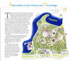 The Charles River" by Schiffer Publishing, Ltd. is an illustrated map of Auburndale-on-the-Charles and Norumbega, showing the river, gardens, paths, buildings, boat dock, and historic landmarks with blue and yellow highlights plus historical notes.