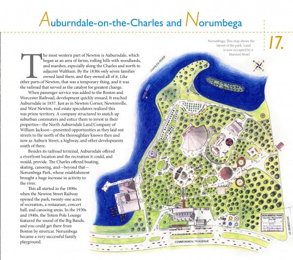 The Charles River" by Schiffer Publishing, Ltd. is an illustrated map of Auburndale-on-the-Charles and Norumbega, showing the river, gardens, paths, buildings, boat dock, and historic landmarks with blue and yellow highlights plus historical notes.