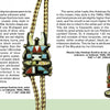 Two pages from "Kachinas and Ceremonial Dancers in Zuni Jewelry" by Schiffer Publishing, Ltd. showcase mosaic stone inlay Antelope Kachina bolo and tie bar, each with geometric turquoise, coral, shell, and jet designs—classic Southwest style.