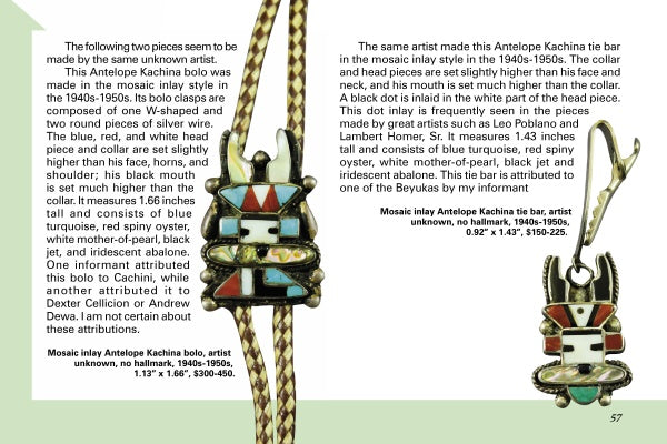 Two pages from "Kachinas and Ceremonial Dancers in Zuni Jewelry" by Schiffer Publishing, Ltd. showcase mosaic stone inlay Antelope Kachina bolo and tie bar, each with geometric turquoise, coral, shell, and jet designs—classic Southwest style.