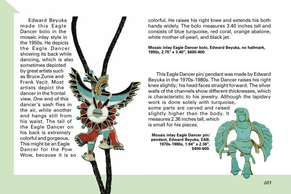 Kachinas and Ceremonial Dancers in Zuni Jewelry by Schiffer Publishing, Ltd. features two bolo ties: the left with a colorful eagle dancer mosaic inlay, and the right with a simple turquoise design—both showcasing Southwest artistry.